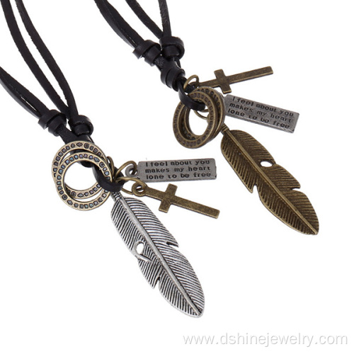 Angel Feather Pendant Men Alloy Cross Charm Leather Necklace